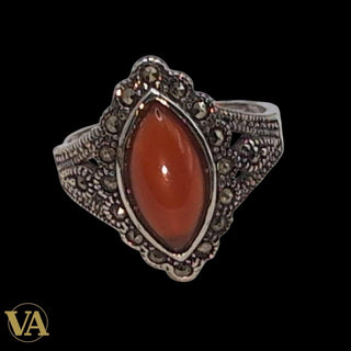Bague Femme Argent 925 Cornaline Navette & Marcassite – Style Vintage Élégant