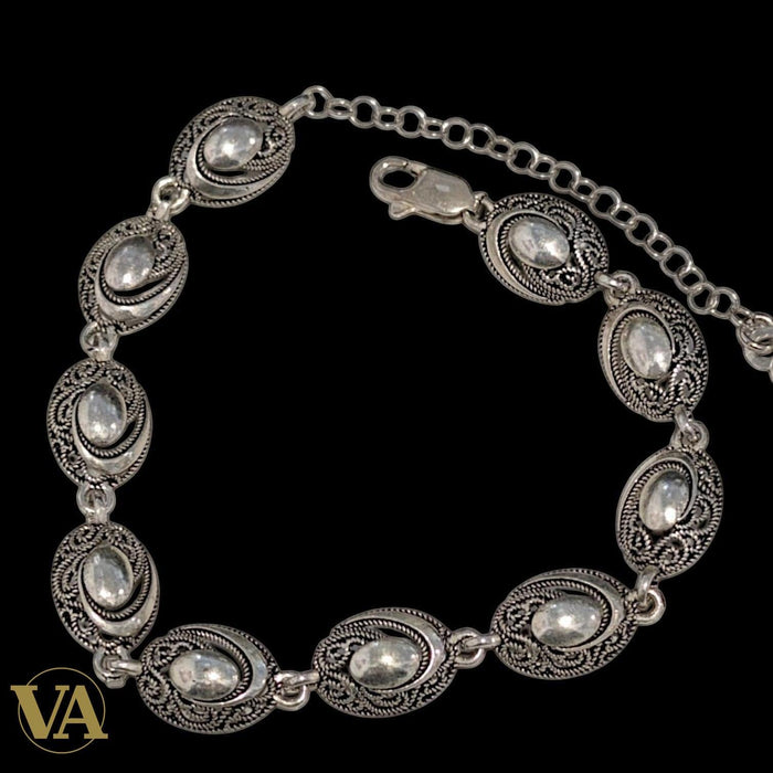 Bracelet Femme Argent 925 Massif – Médaillons Ovales Cisélés Style Oriental