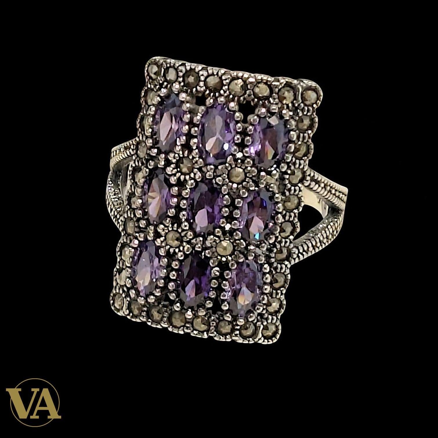 Bague femme rectangulaire en argent 925, améthyste & marcassite