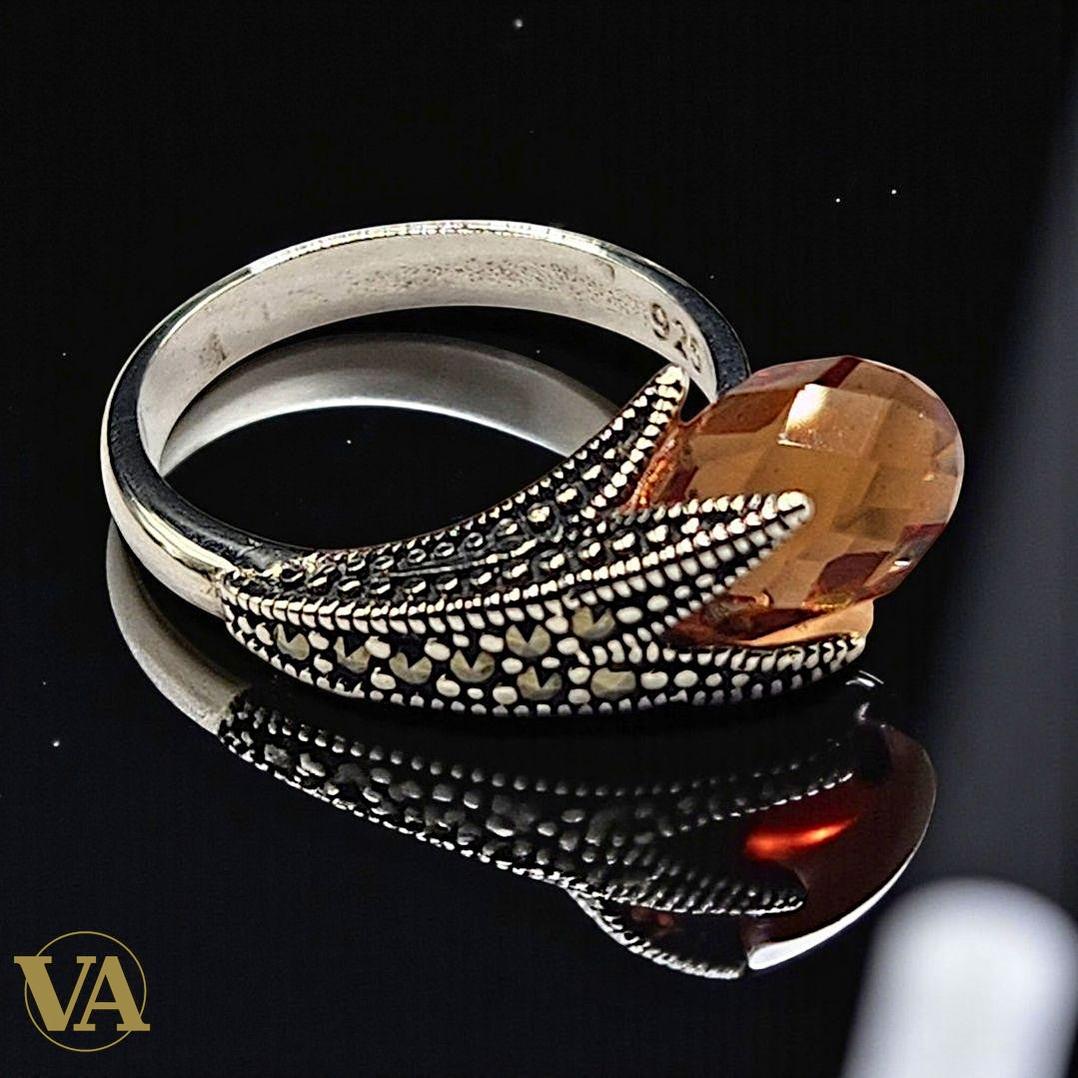 Bague femme en argent 925 avec onyx noir et marcassites – Élégance intemporelle