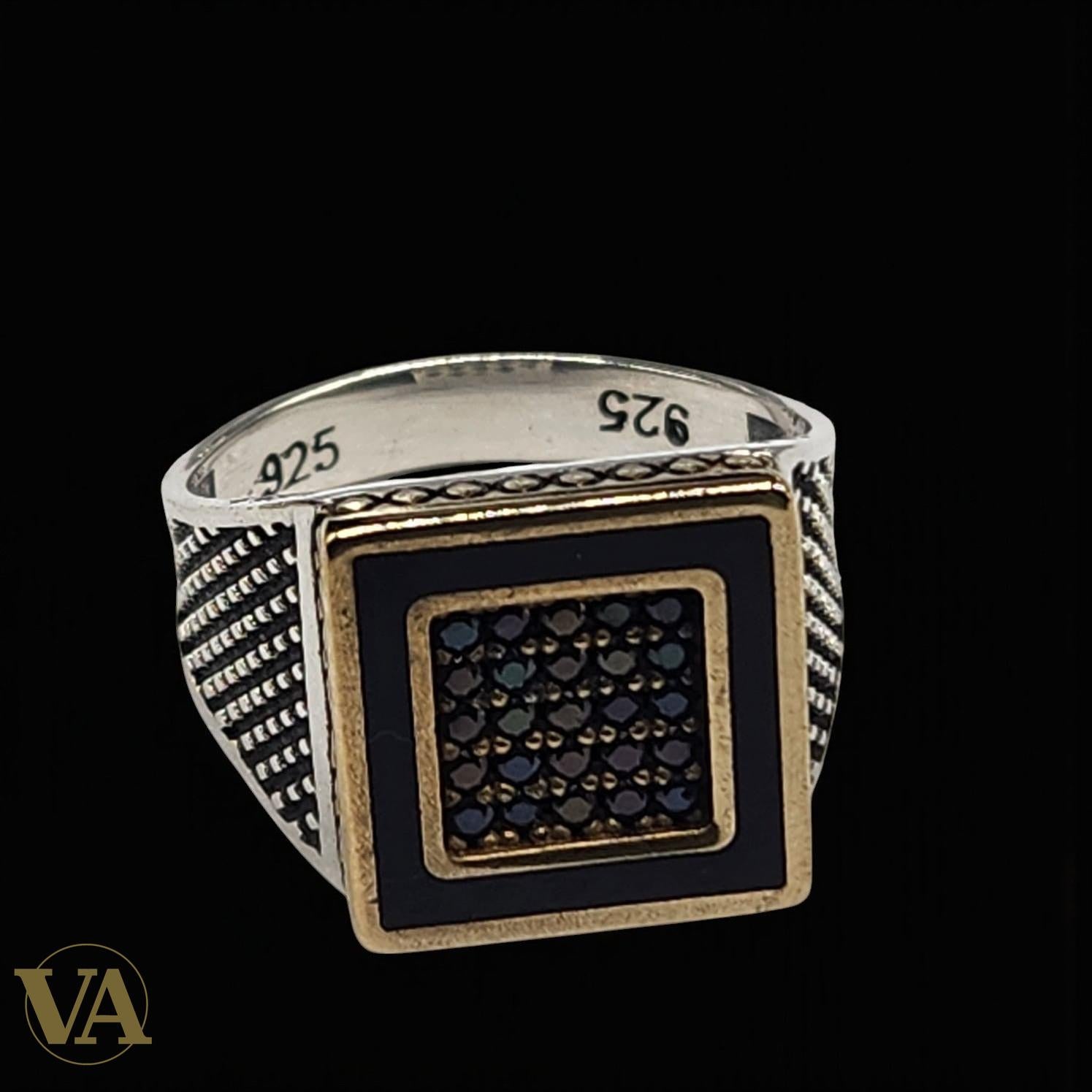 Bague Homme Argent 925 – Design Carré Bicolore avec Onyx Noir