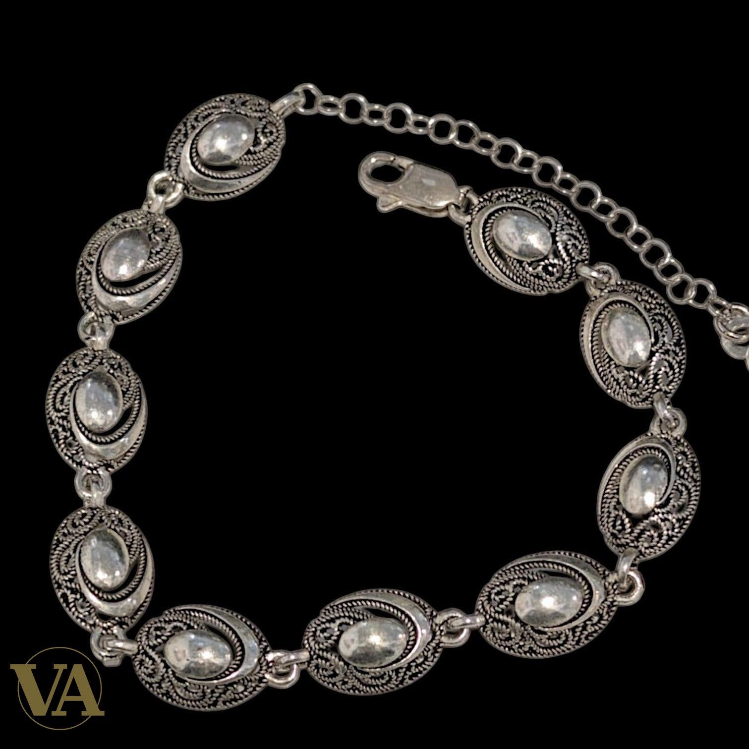 Bracelet Femme Argent 925 Massif – Médaillons Ovales Cisélés Style Oriental