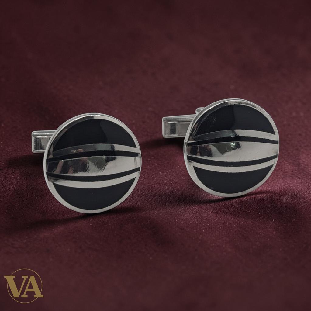 Boutons de manchette homme argent 925 et onyx noir ronds à bandes - Argent 925 - Vindicta