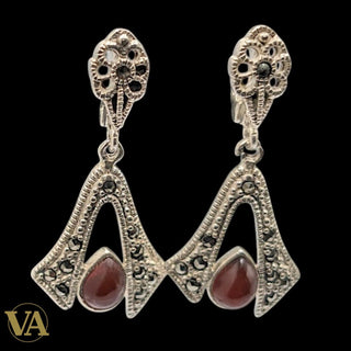 Boucles d'Oreilles Femme Argent 925 Cornaline et Marcassite Art Déco