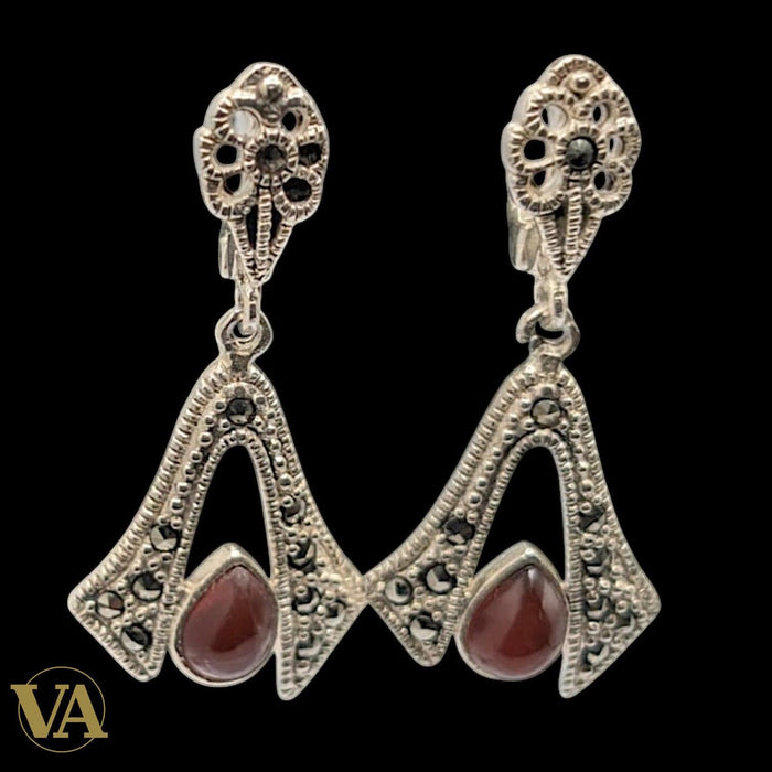 Boucles d'Oreilles Argent 925 Cornaline et Marcassite Art Déco