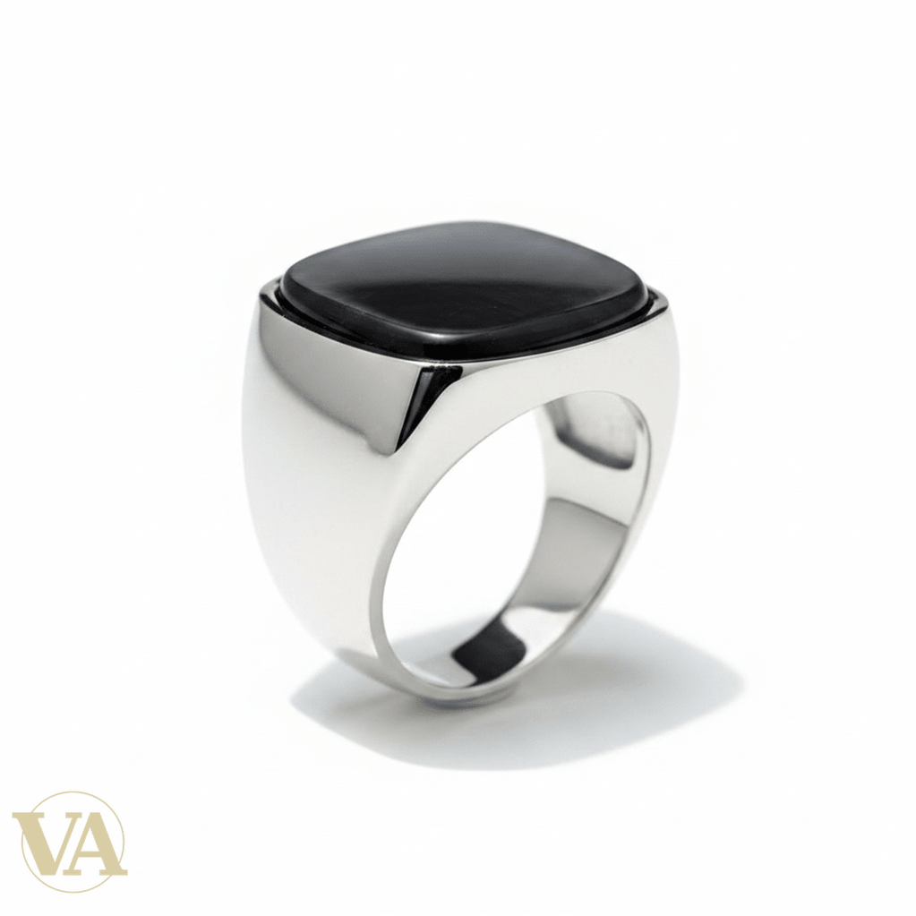 Chevalière Homme Argent 925 Nacre Gris Anthracite Cabochon Carré Arrondi Minimaliste