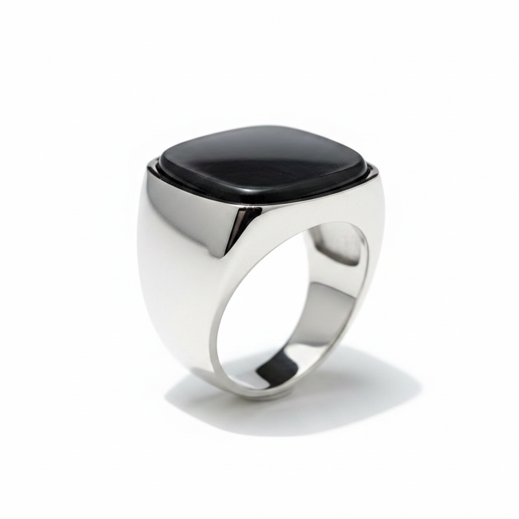 Chevalière Homme Argent 925 Nacre Gris Anthracite Cabochon Carré Arrondi Minimaliste
