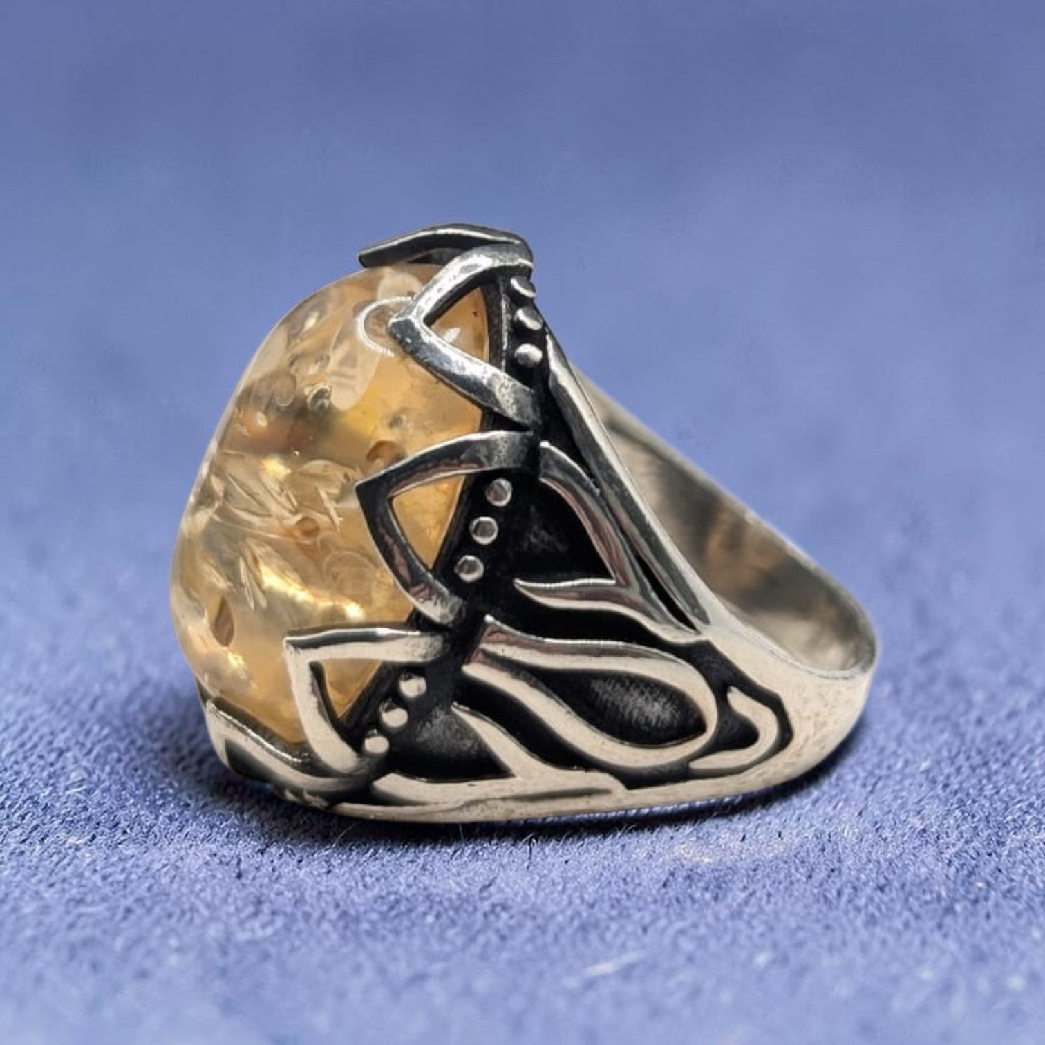 Chevalière Homme Argent 925 Ambre Jaune Naturel Motif Flammes-Vindicta : Bijoux Argent 925 Massif, Luxe et Héritage