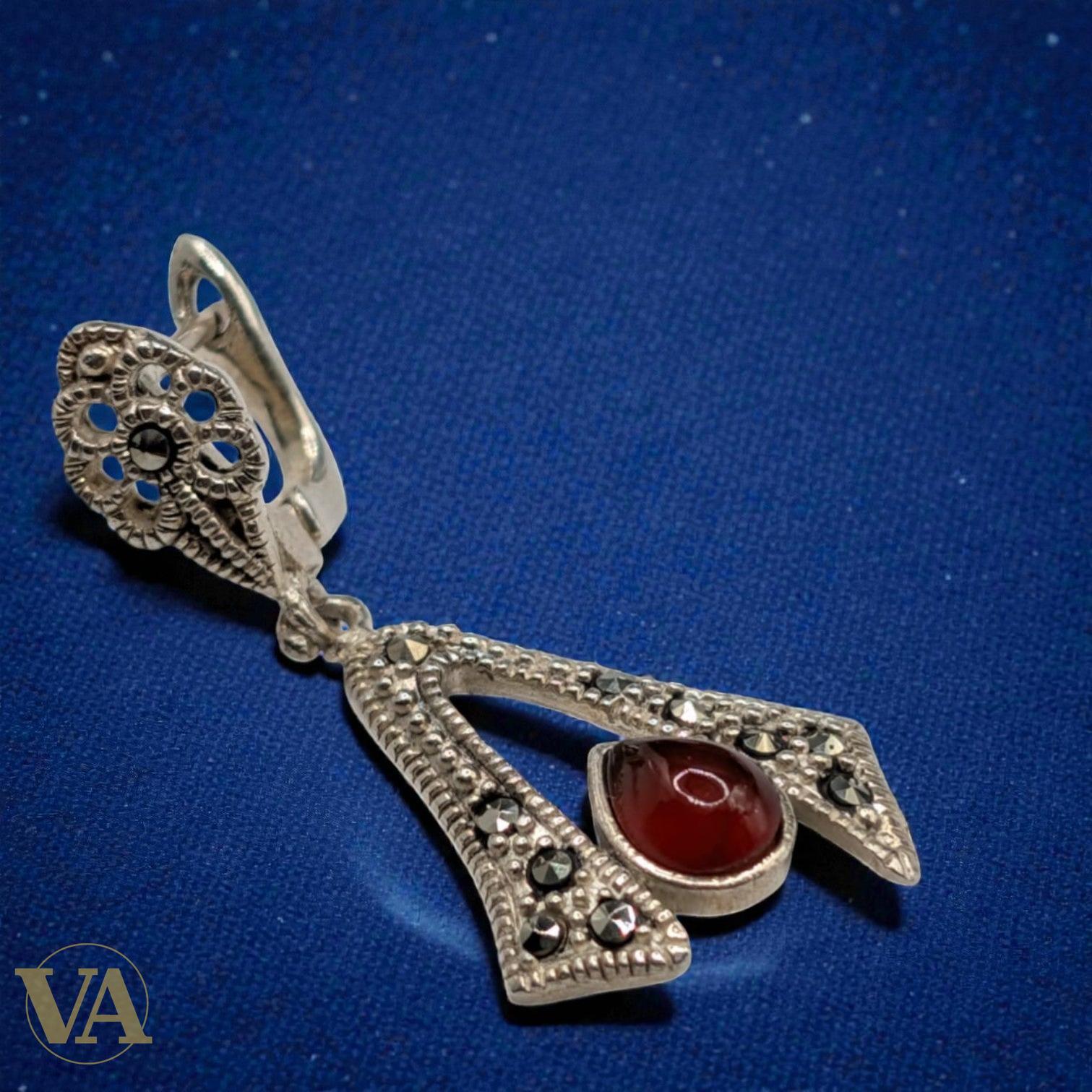 Boucles d'Oreilles Argent 925 Cornaline et Marcassite Art Déco