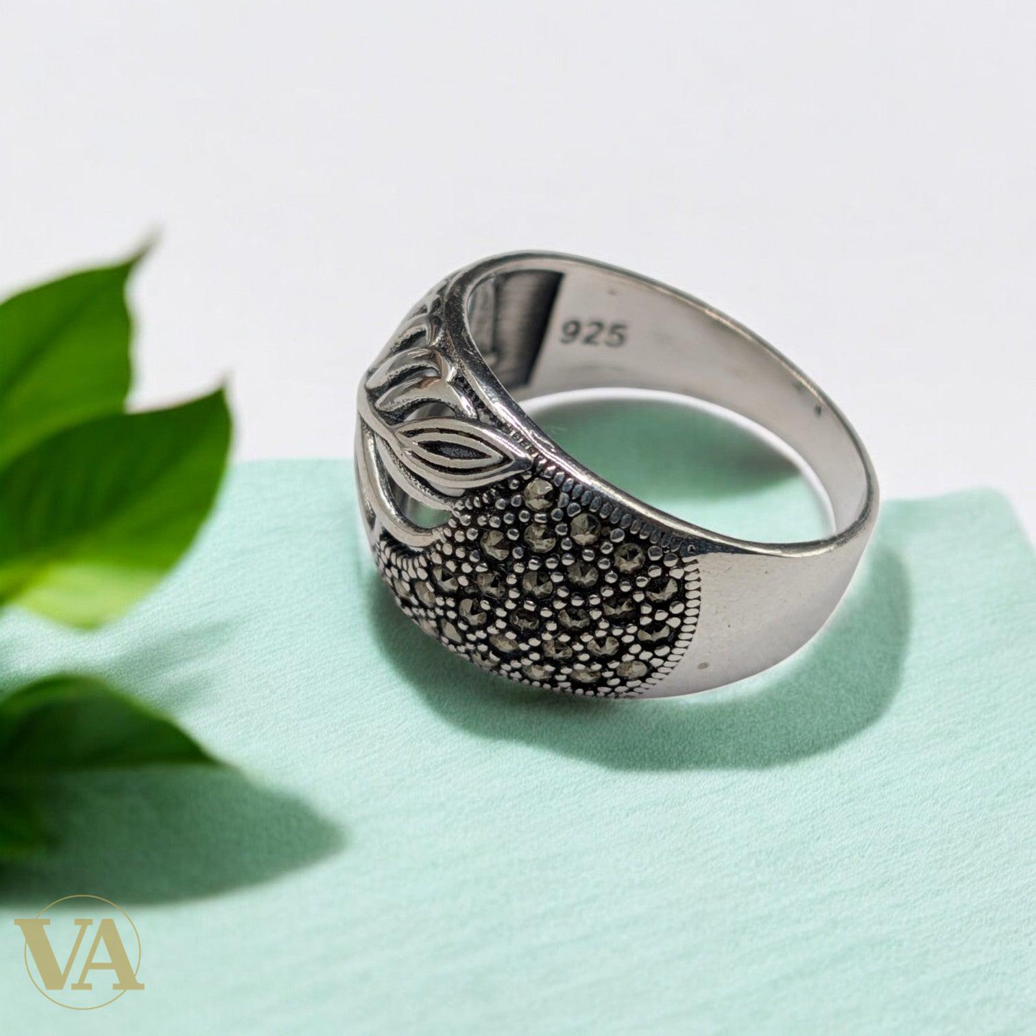 Bague Femme Argent 925 – Motif Feuille & Marcassite