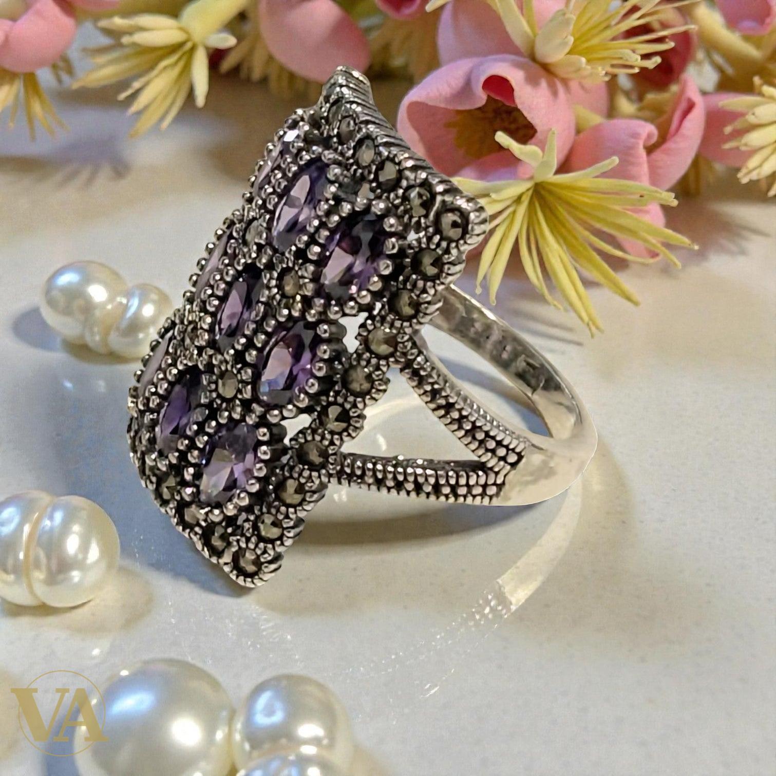 Bague rectangulaire en argent 925, améthyste & marcassite