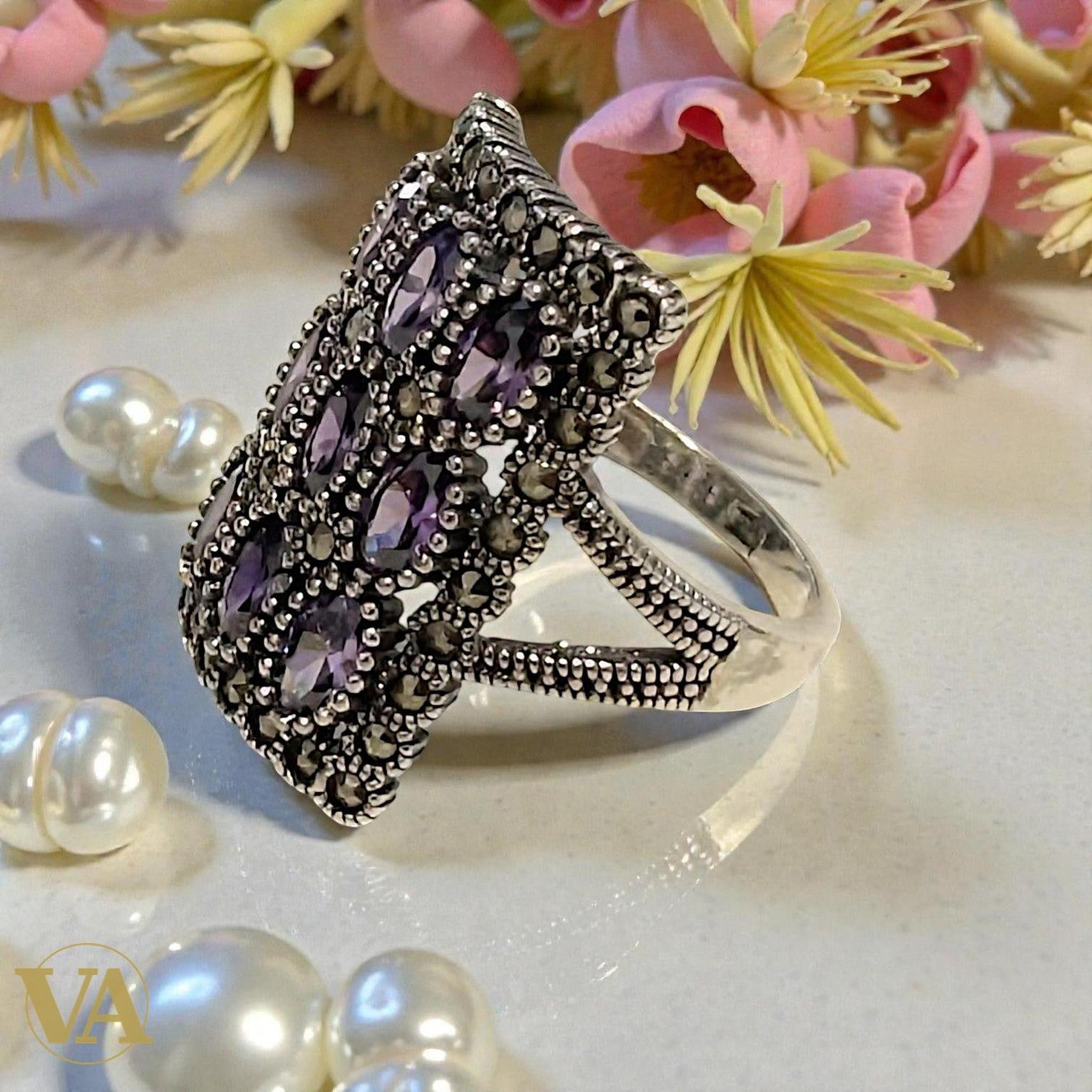 Bague femme rectangulaire en argent 925, améthyste & marcassite - Argent 925 - Vindicta