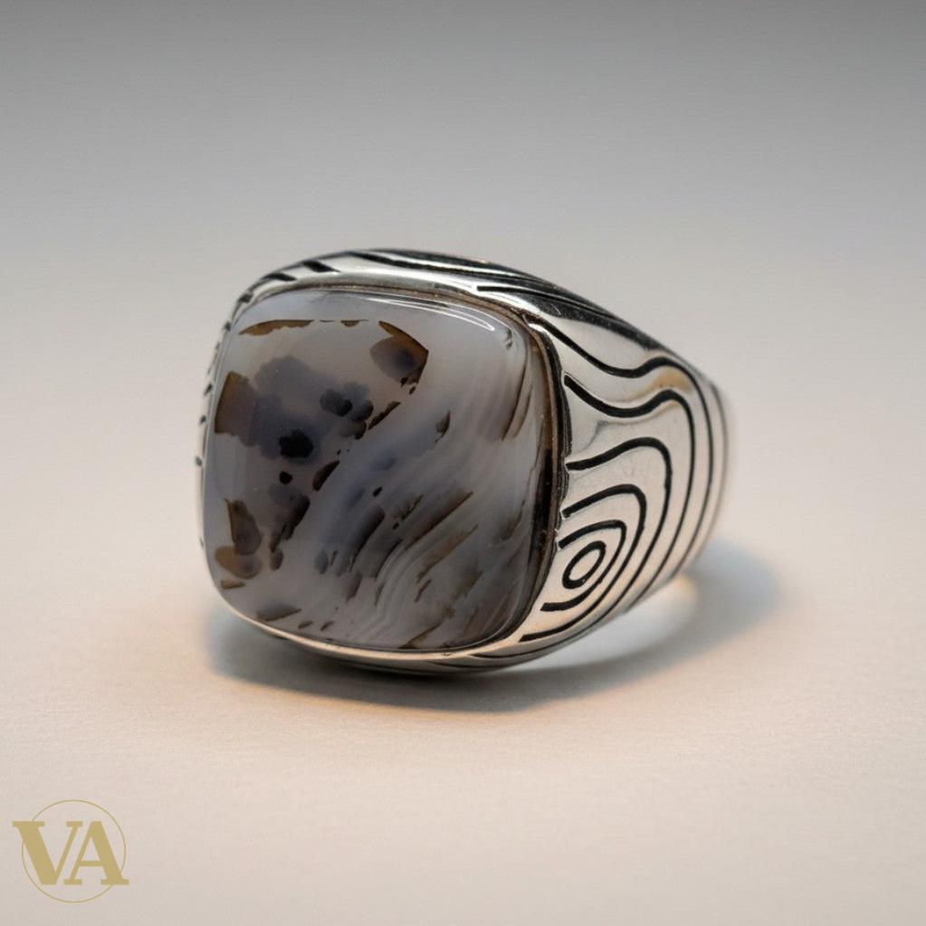 Chevalière Homme Argent 925 Agate Naturelle Motifs Tourbillons | Bijoux Vindicta