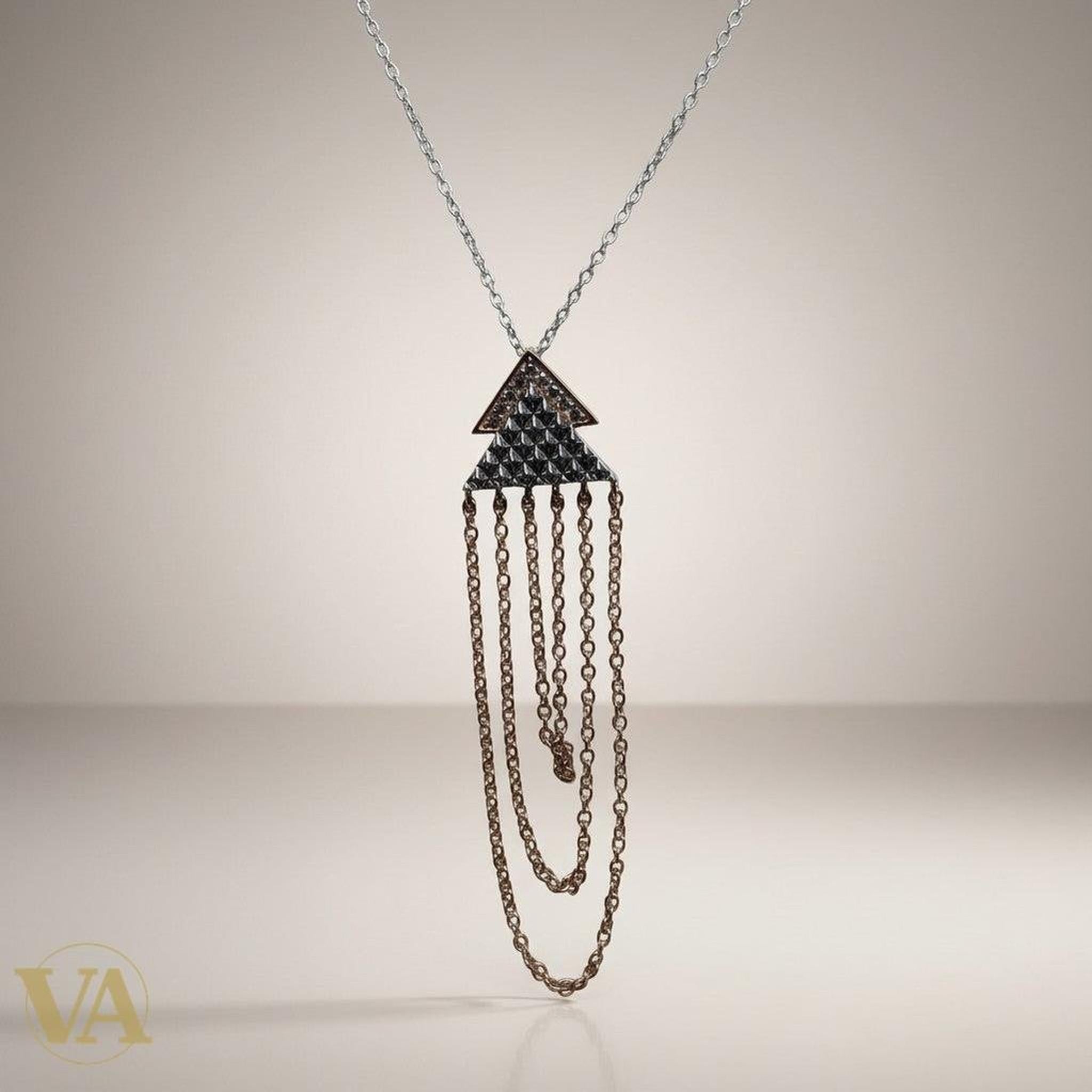 Collier Femme Argent 925 Plaqué Or Rose — Pendentif Double Triangle Pavé Cascade Chaînes - Argent 925 - Vindicta