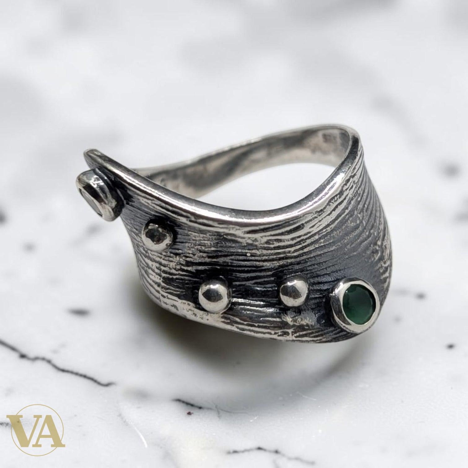 Bague Femme Argent 925 Aventurine Verte – Manchette Texturée - Argent 925 - Vindicta