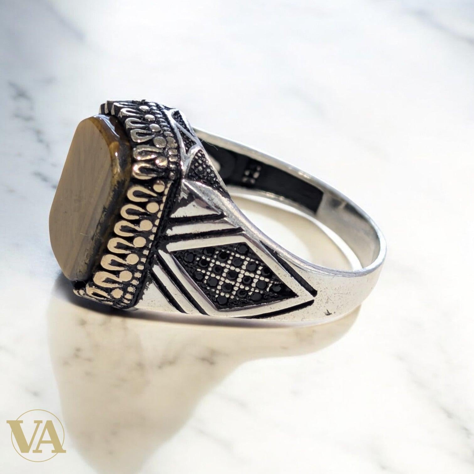 Bague homme – Argent 925, Plaqué or rose – Œil de tigre & marcassite