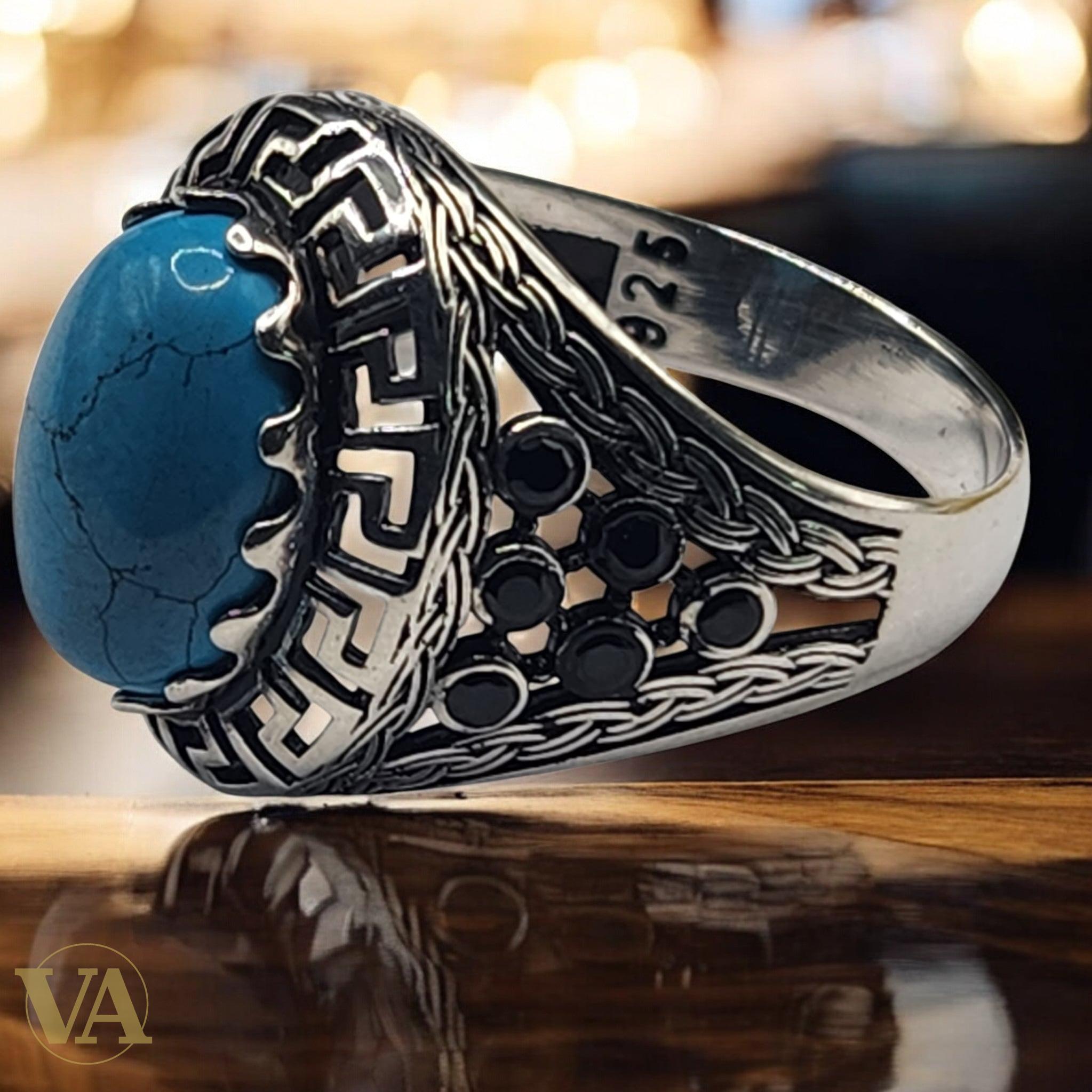 Bague Homme Argent 925 – Turquoise ovale cabochon & monture ciselée