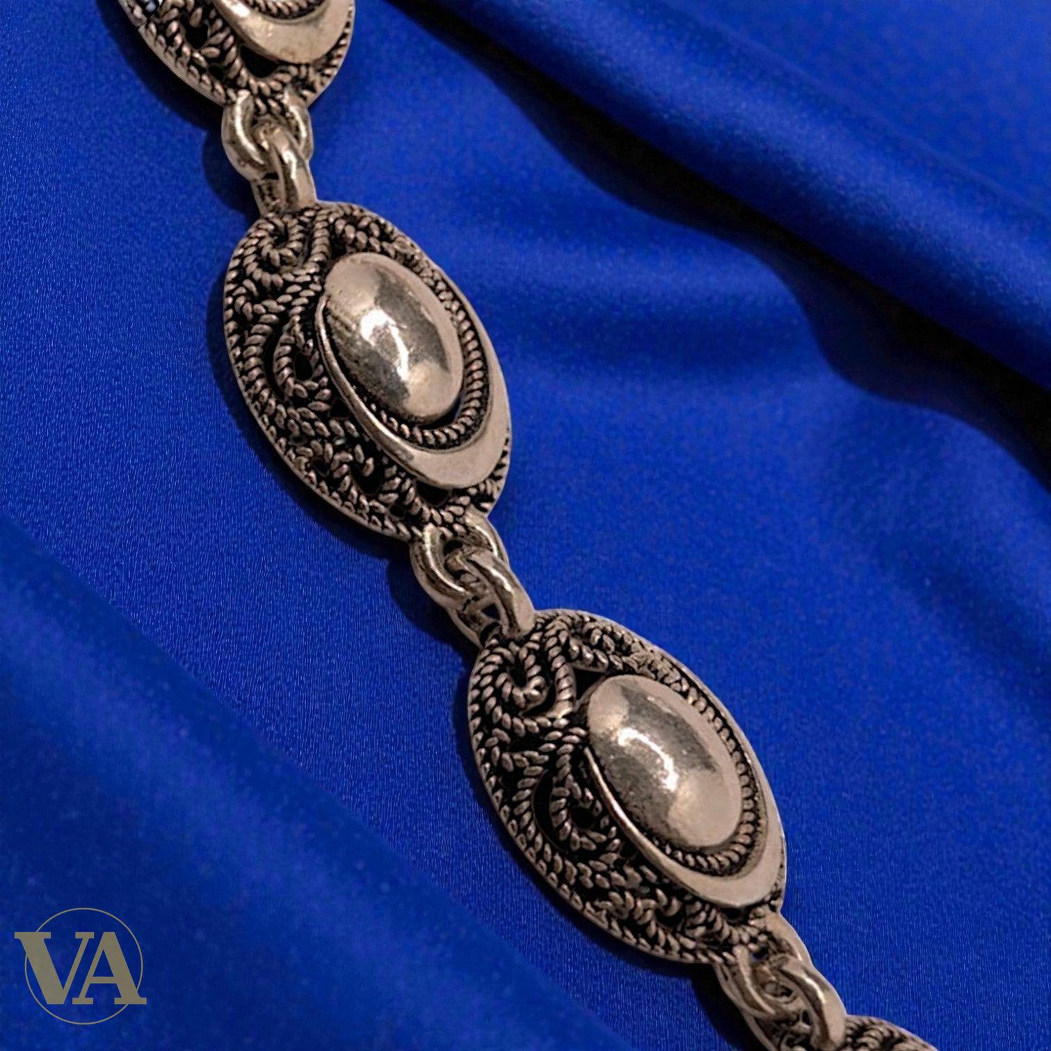 Bracelet Femme Argent 925 Massif – Médaillons Ovales Cisélés Style Oriental