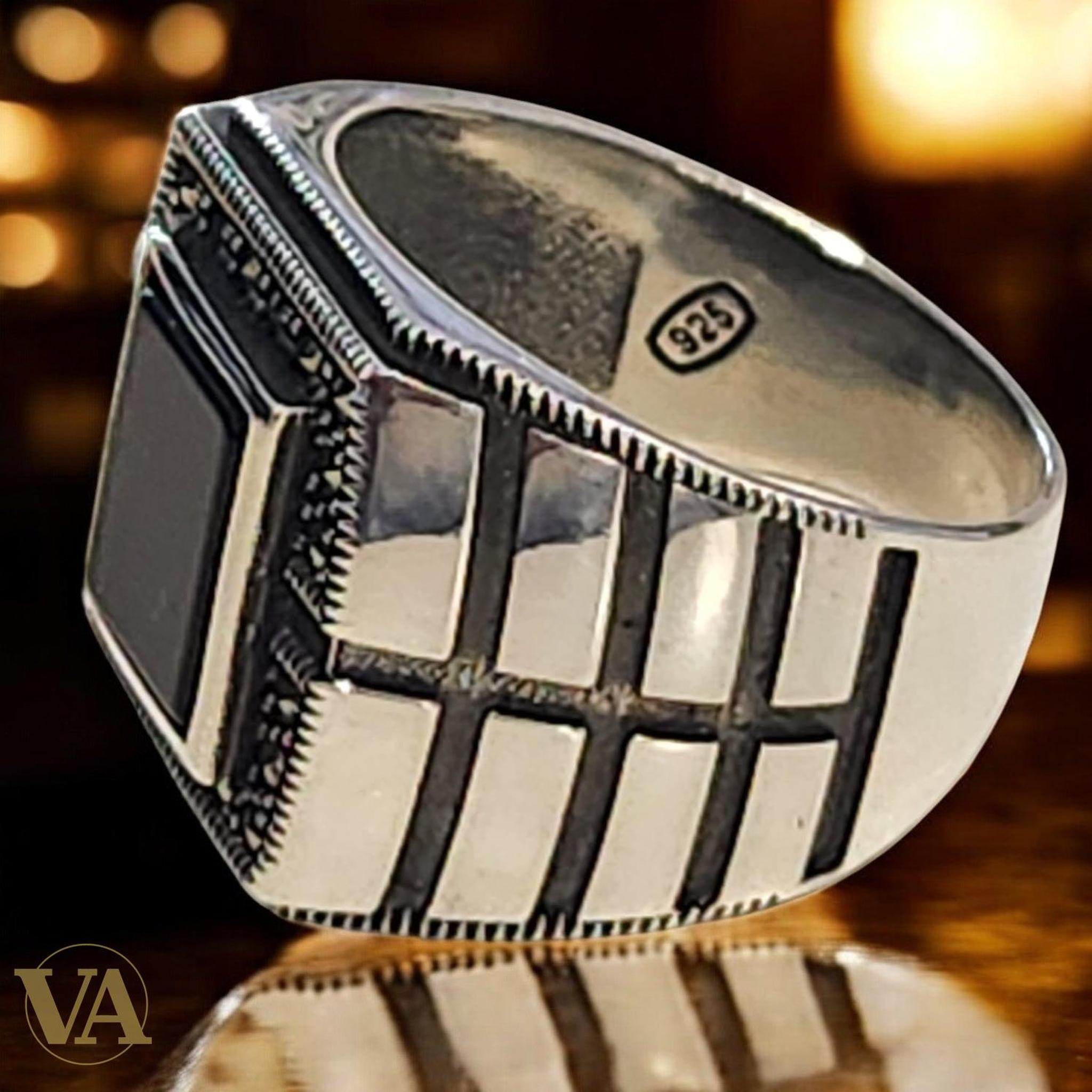 Bague homme argent 925 onyx et marcassite rectangulaire - Argent 925 - Vindicta