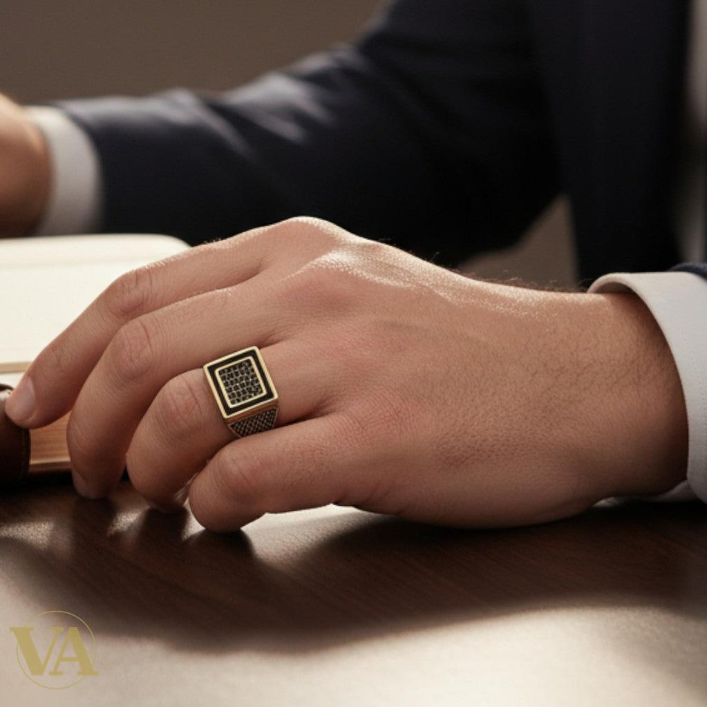 Bague Homme Argent 925 – Design Carré Bicolore avec Onyx Noir