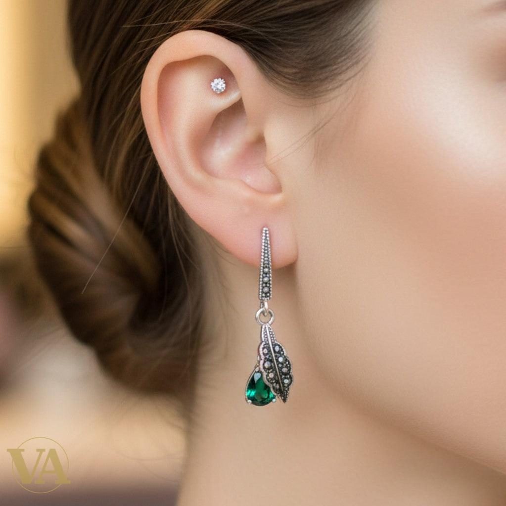 Boucles d’oreilles femme argent 925 marcassite et pierre verte – Style végétal élégant