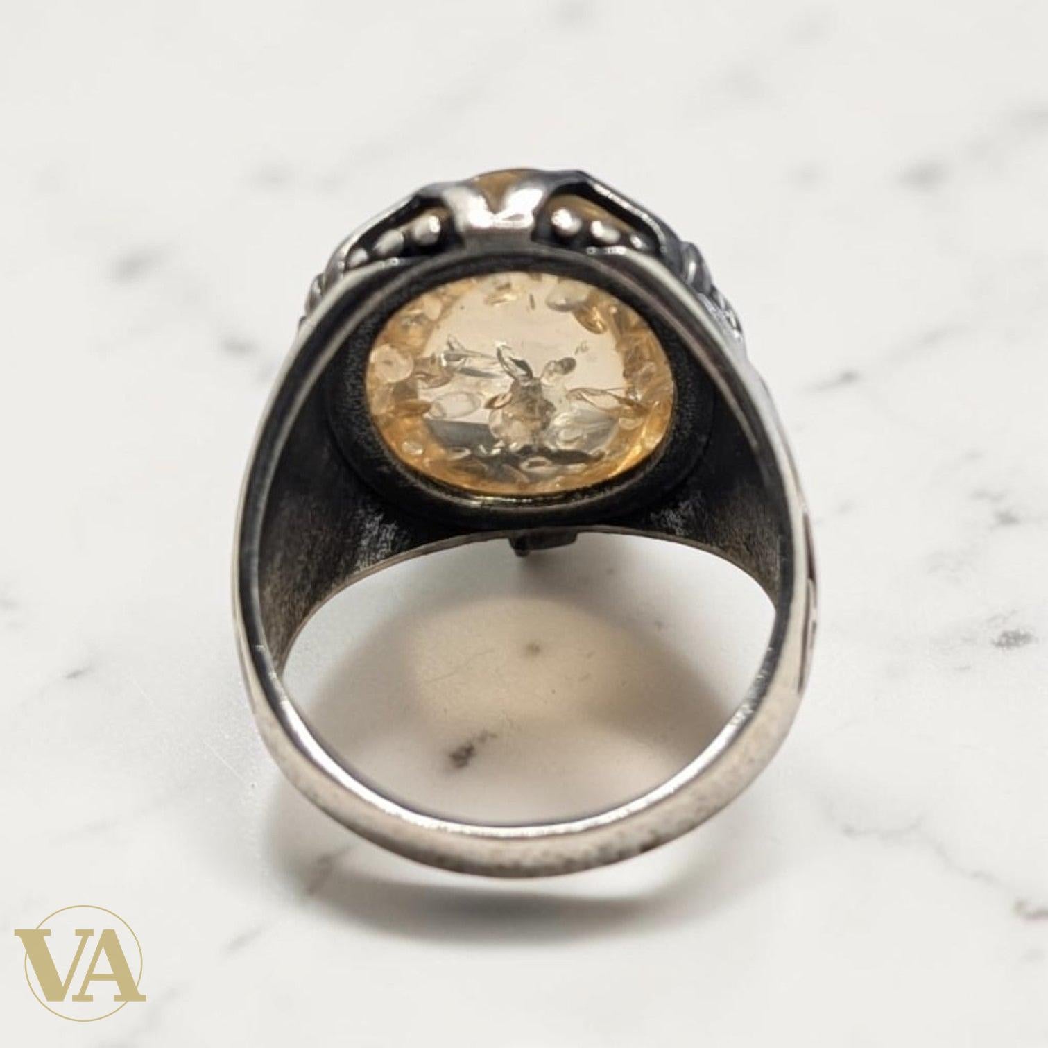 Chevalière Homme Argent 925 Ambre Jaune Naturel Motif Flammes - Argent 925 - Vindicta