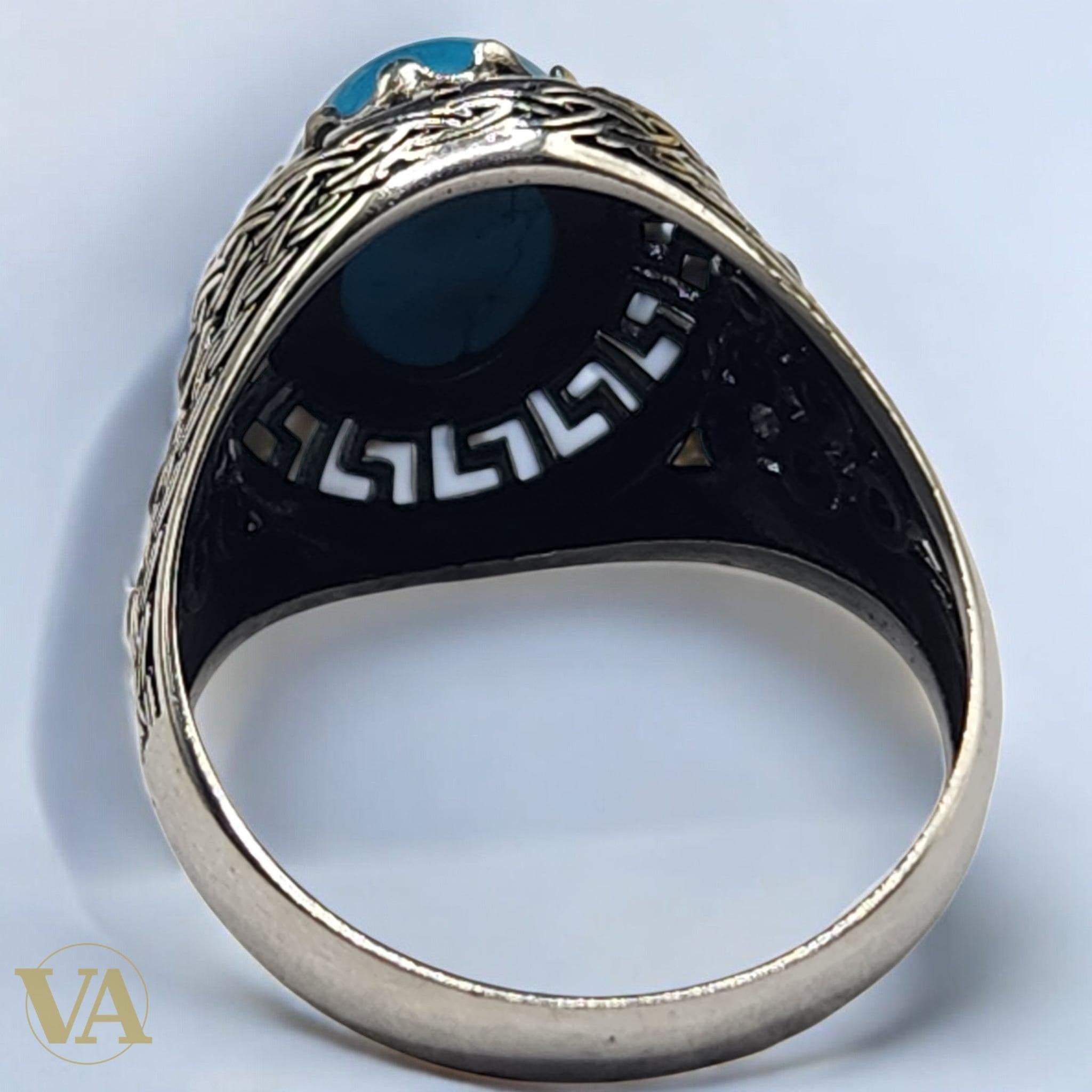 Bague Homme Argent 925 – Turquoise ovale cabochon & monture ciselée - Argent 925 - Vindicta