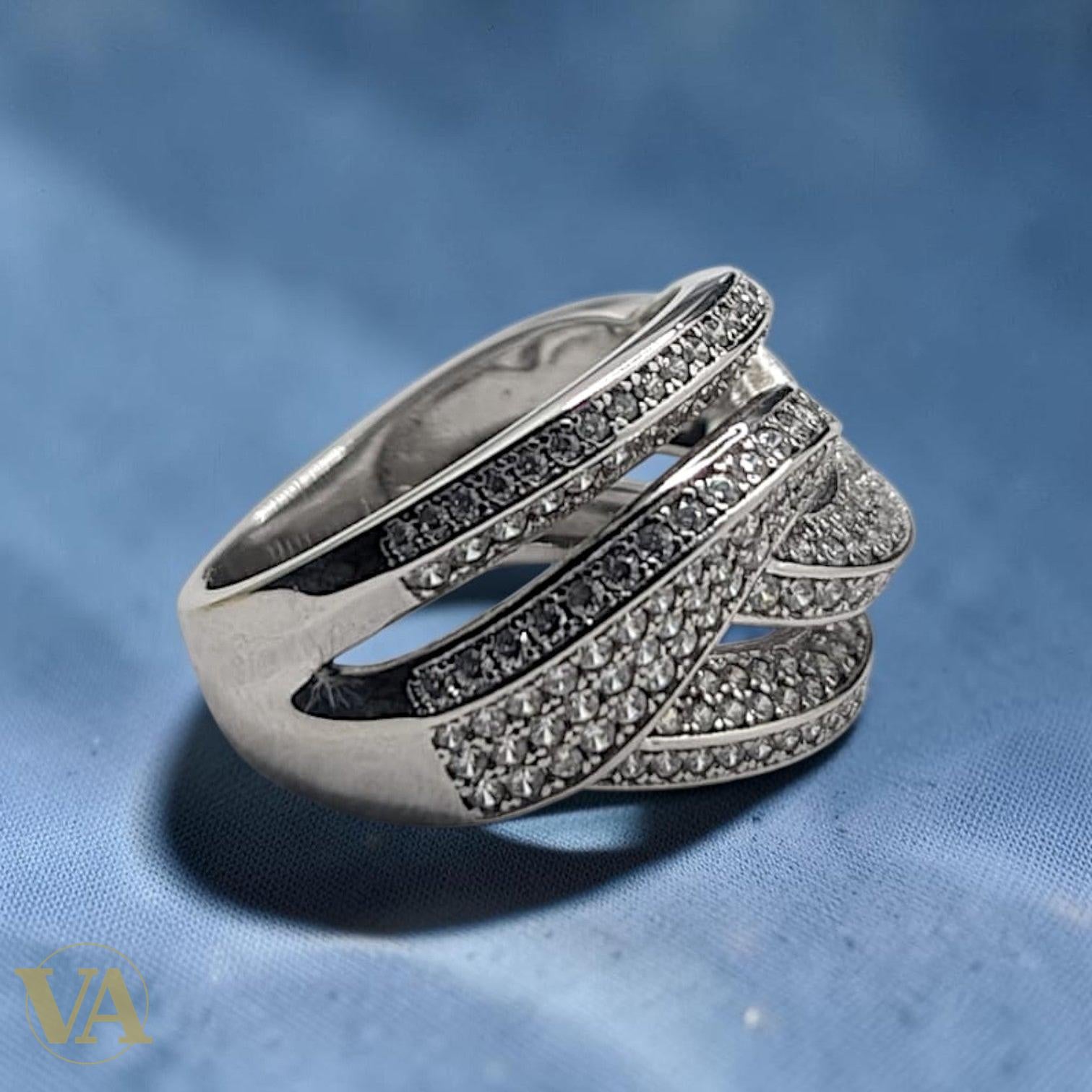 Bague Femme Argent 925 Pavé Zirconium Blanc Rubans Entrelacés