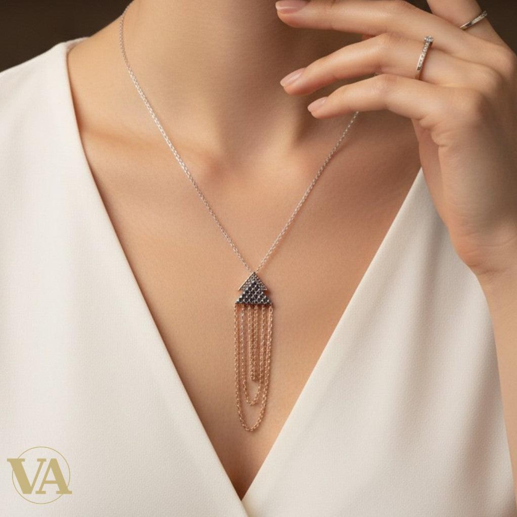 Collier Femme Argent 925 Plaqué Or Rose — Pendentif Double Triangle Pavé Cascade Chaînes | Bijoux Vindicta