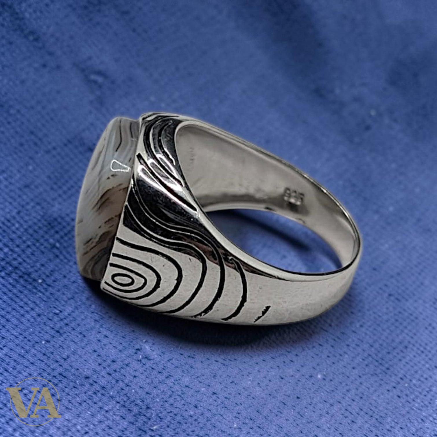Chevalière Homme Argent 925 Agate Naturelle Motifs Tourbillons | Bijoux Vindicta
