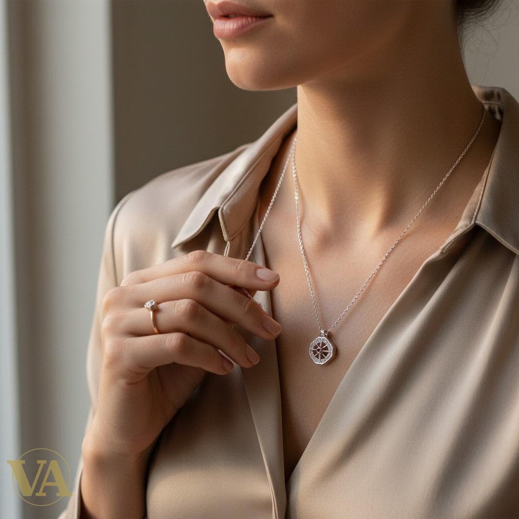Collier Femme Rose des Vents Argent 925 — Médaillon Octogonal Pavé Zircons Art Déco