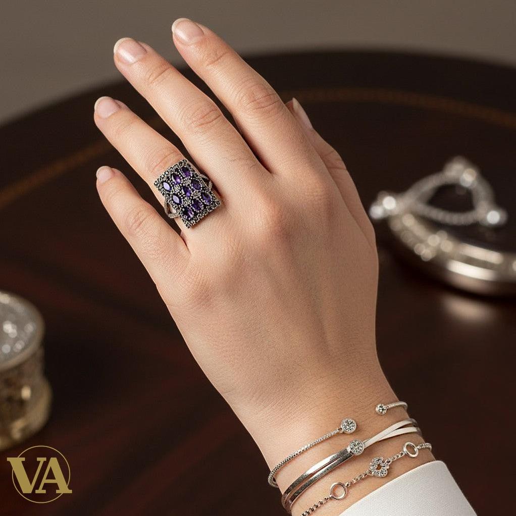 Bague femme rectangulaire en argent 925, améthyste & marcassite