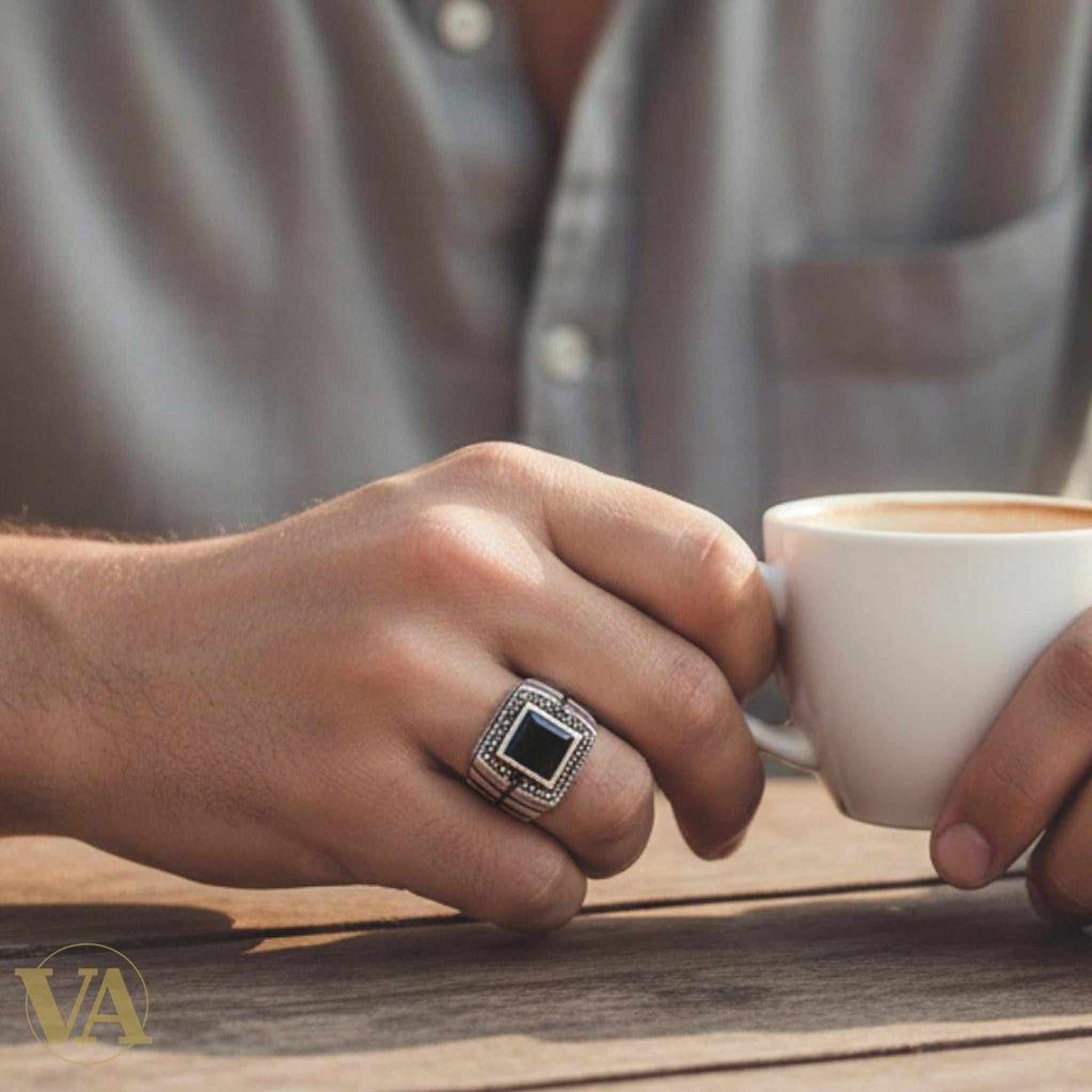Bague homme argent 925 onyx et marcassite rectangulaire - Argent 925 - Vindicta