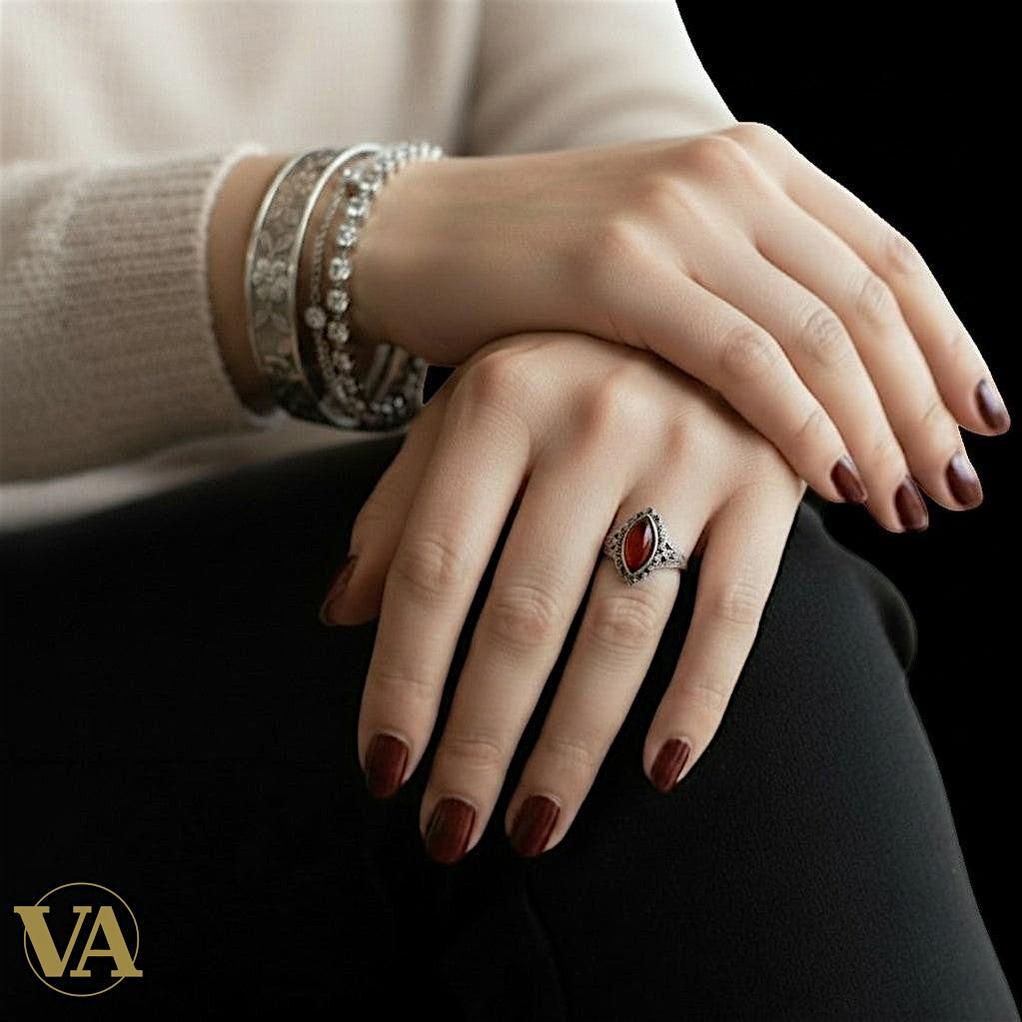 Bague Femme Argent 925 Cornaline Navette & Marcassite – Style Vintage Élégant