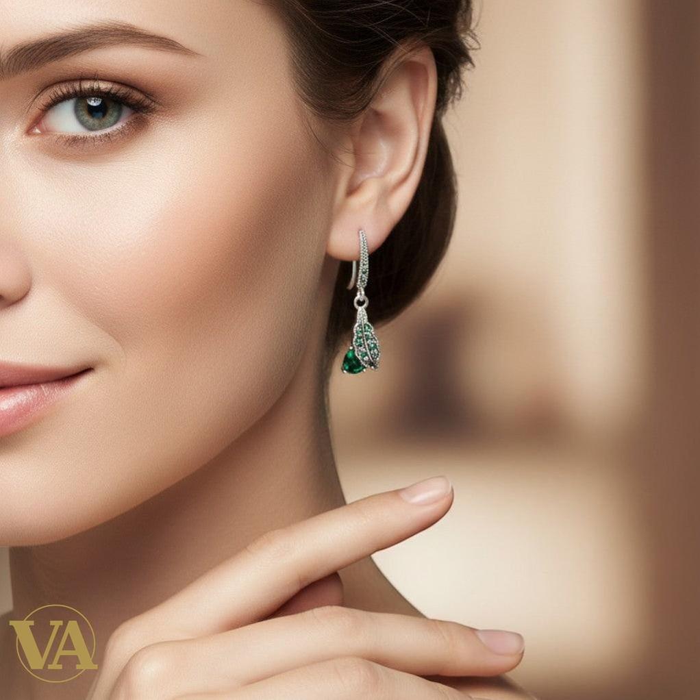 Boucles d’oreilles femme argent 925 marcassite et pierre verte – Style végétal élégant | Bijoux Vindicta