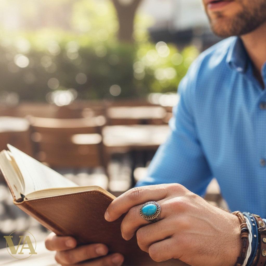 Bague Homme Argent 925 – Turquoise ovale cabochon & monture ciselée