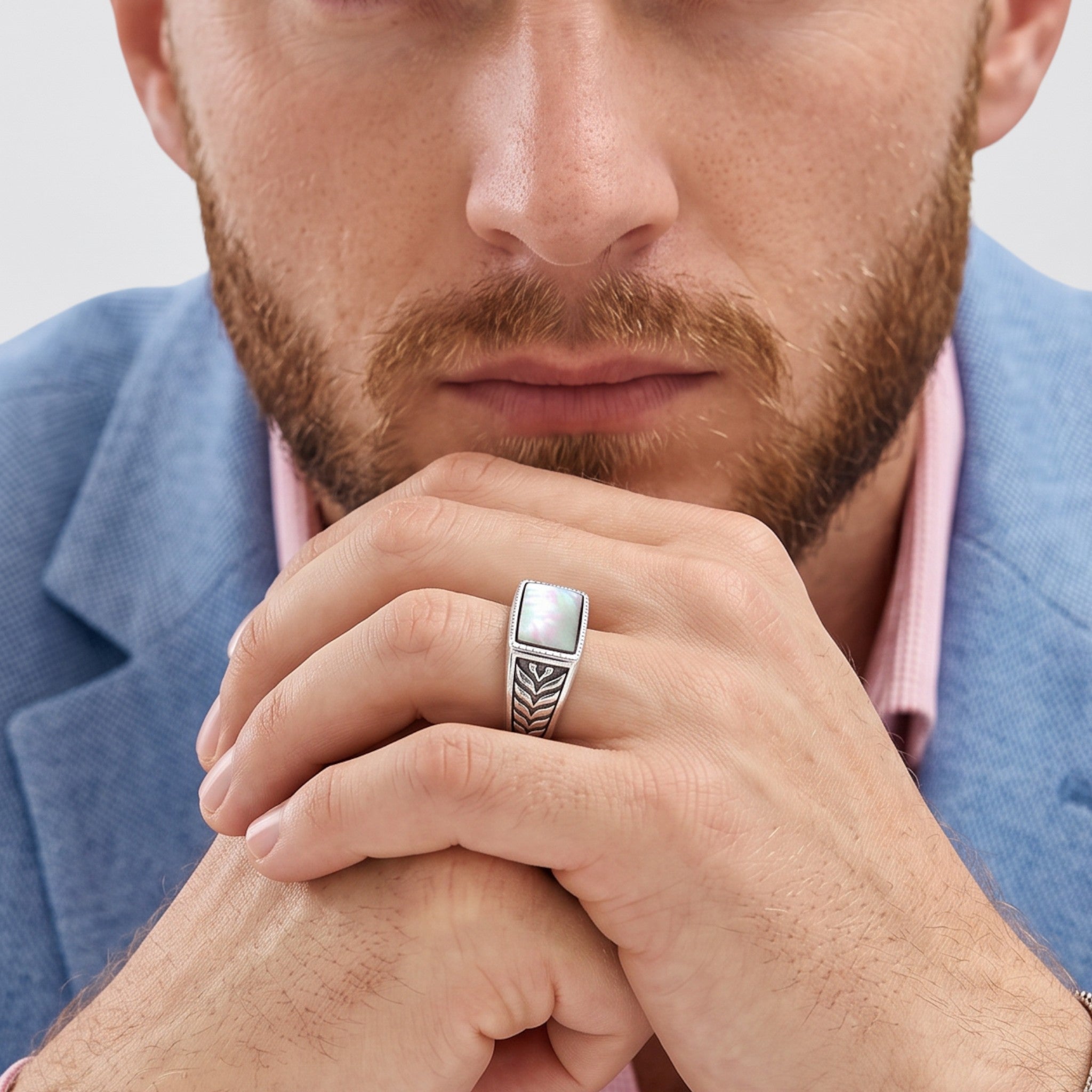 Chevalière Homme Argent 925 Nacre Gris Anthracite Motif Épi de Blé-Vindicta : Bijoux Argent 925 Massif, Luxe et Héritage