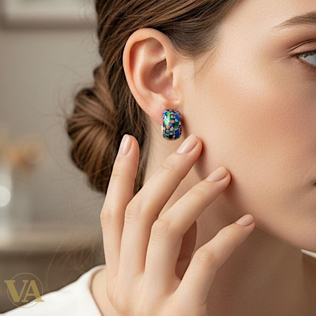 Boucles d'oreilles Femme Argent 925 – Émail Bleu Confetti & Zirconiums