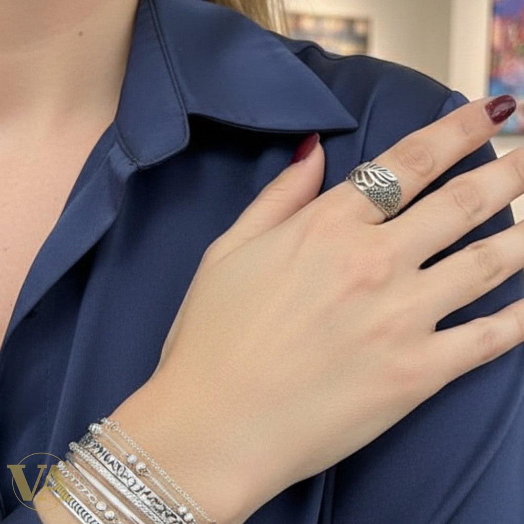 Bague Femme Argent 925 – Motif Feuille & Marcassite