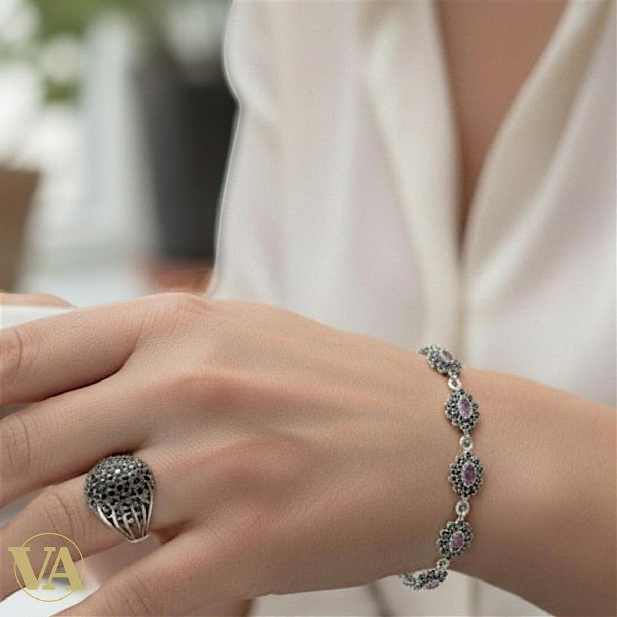 Bracelet Femme Argent 925 Améthyste & Marcassite Vintage