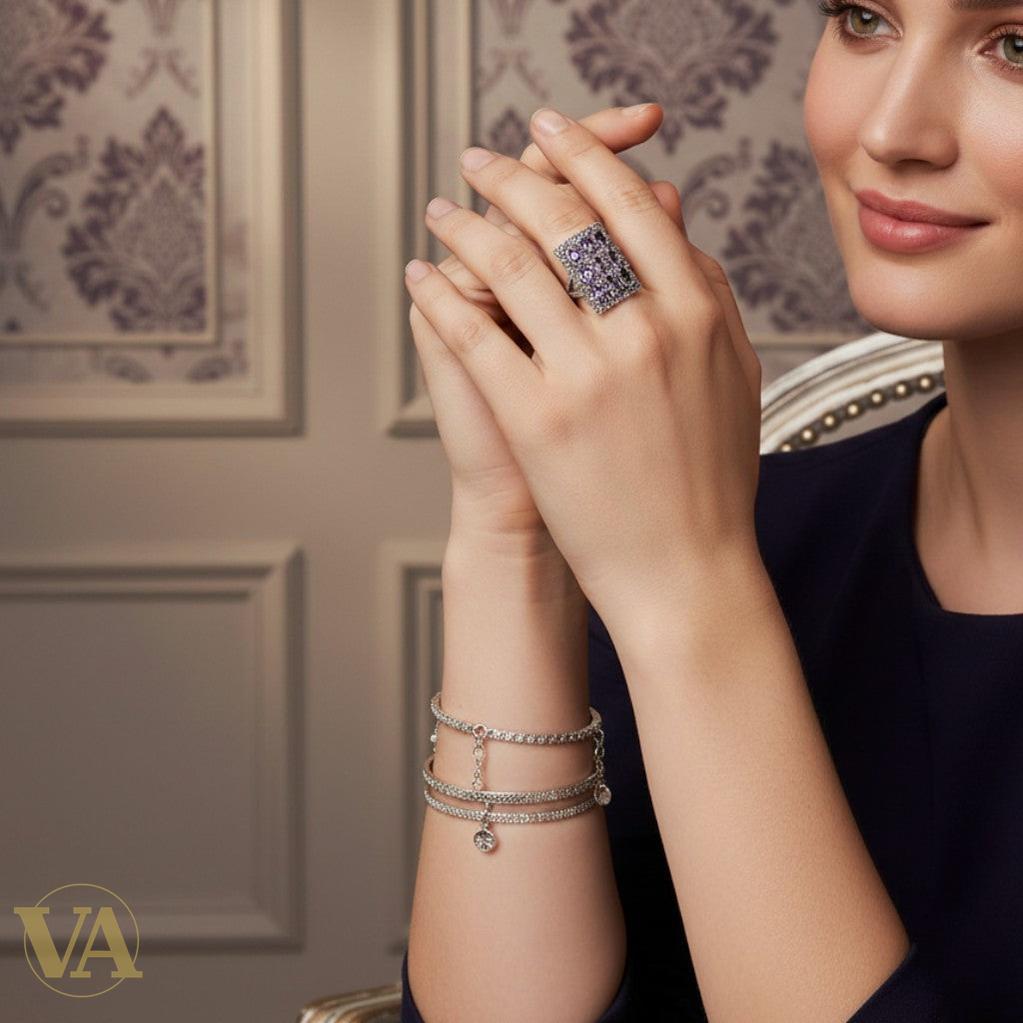 Bague rectangulaire en argent 925, améthyste & marcassite