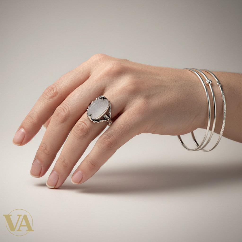 Bague femme argent 925 Quartz Druzy brut ovale monture fleurs