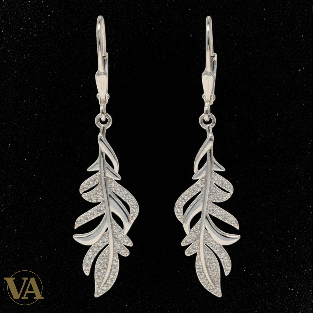 Boucles d'Oreilles Femme Pendantes Argent 925 – Plume Pavée Zirconium | Bijoux Vindicta