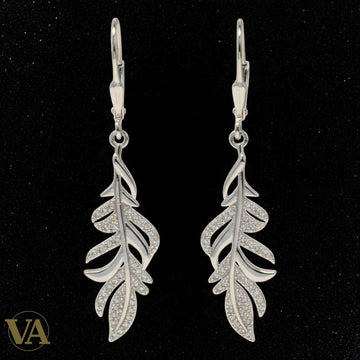 Boucles d'Oreilles Femme Pendantes Argent 925 – Plume Pavée Zirconium