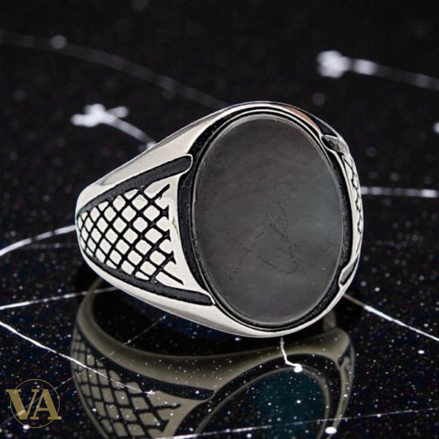 Bague homme argent 925 – Nacre Noire & Treillis Diamé | Bijoux Vindicta