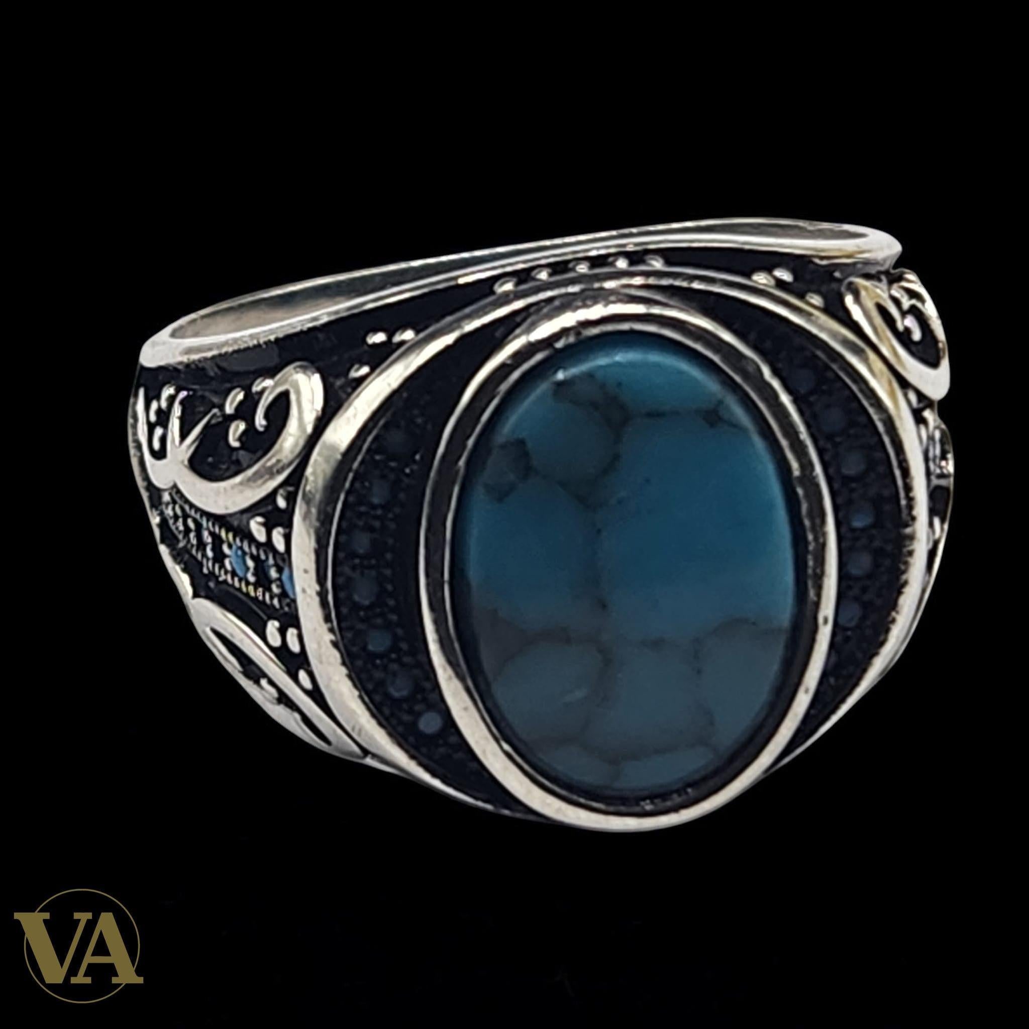Bague Homme Argent 925 – Turquoise ovale cabochon & monture travaillée | Bijoux Vindicta