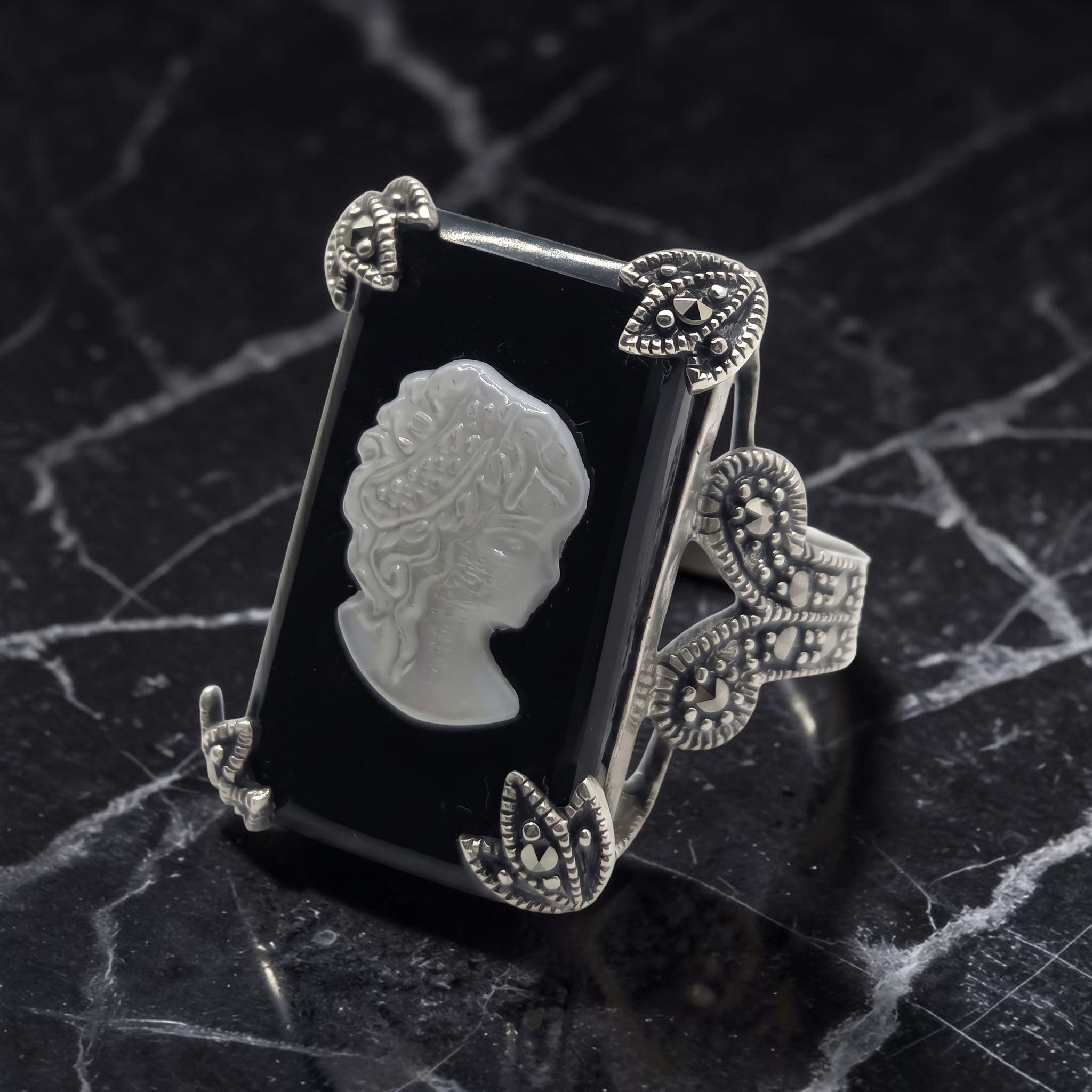 Bague Femme Argent 925 Camée Nacre Onyx Noir Marcassite Art Déco-Vindicta : Bijoux Argent 925 Massif, Luxe et Héritage