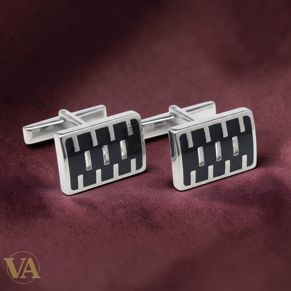Boutons de manchette homme argent 925 et onyx noir motif graphique - Argent 925 - Vindicta