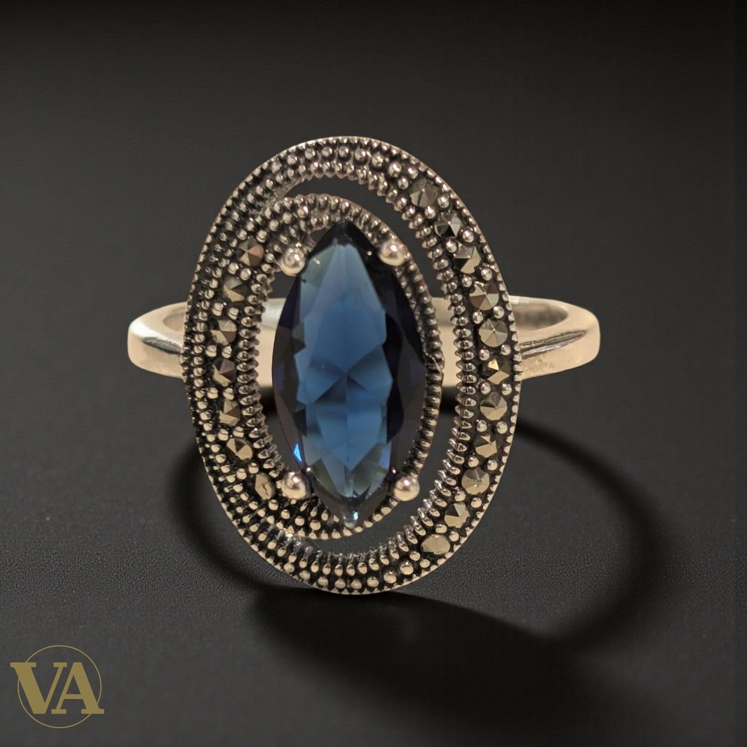 Bague Argent 925 Pierre Bleue & Marcassites – Ovale Vintage