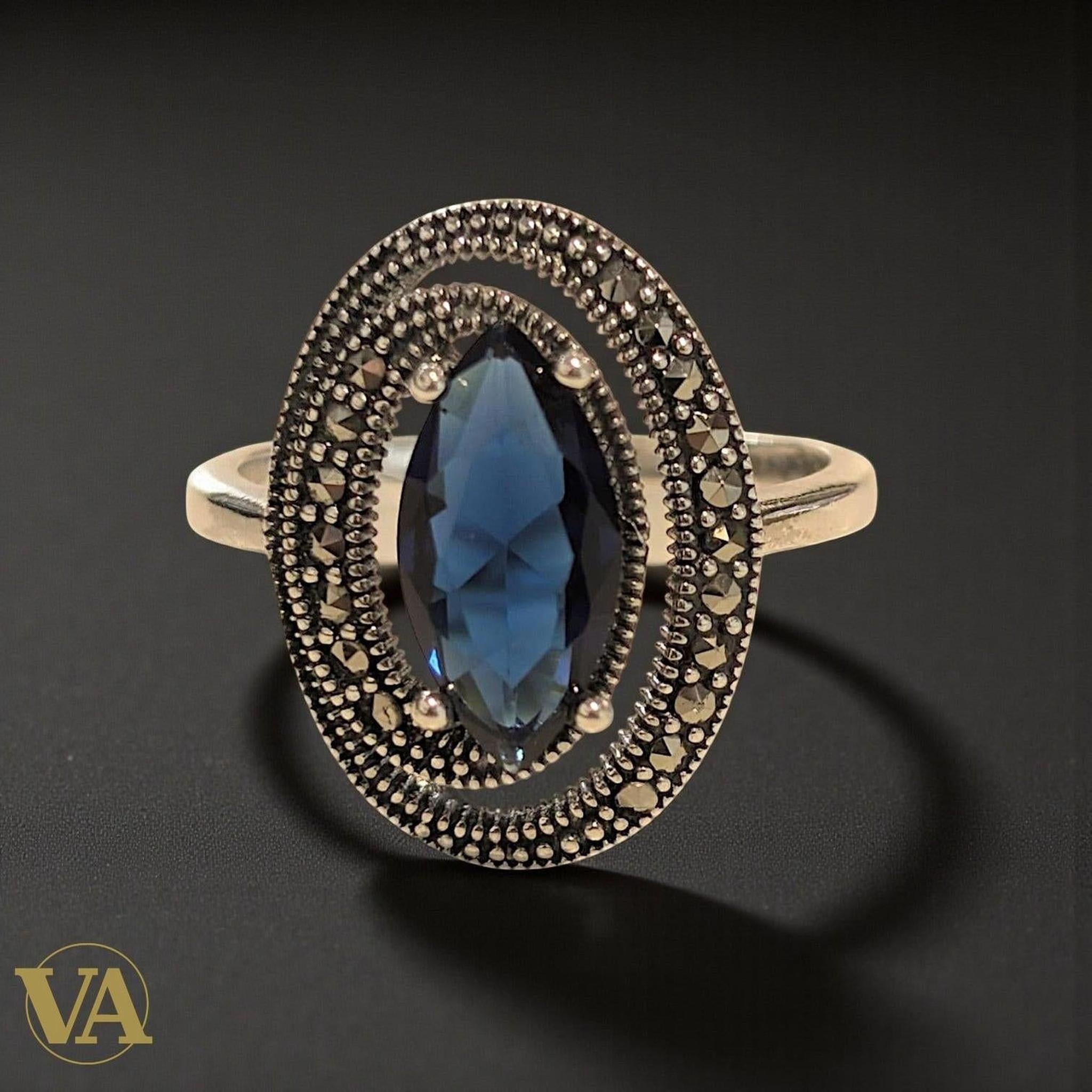 Bague femme Argent 925 Pierre Bleue & Marcassites – Ovale Vintage - Argent 925 - Vindicta